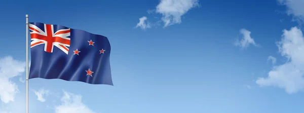 New Zealand Flag Three Dimensional Render Isolated Blue Sky Horizontal — Stock Photo, Image