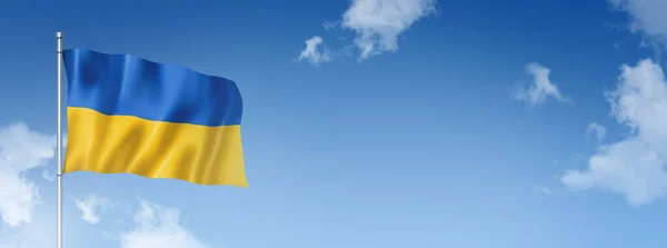 Ukraine Flag Tredimensionel Gengivelse Isoleret Blå Himmel Vandret Banner Illustration - Stock-foto