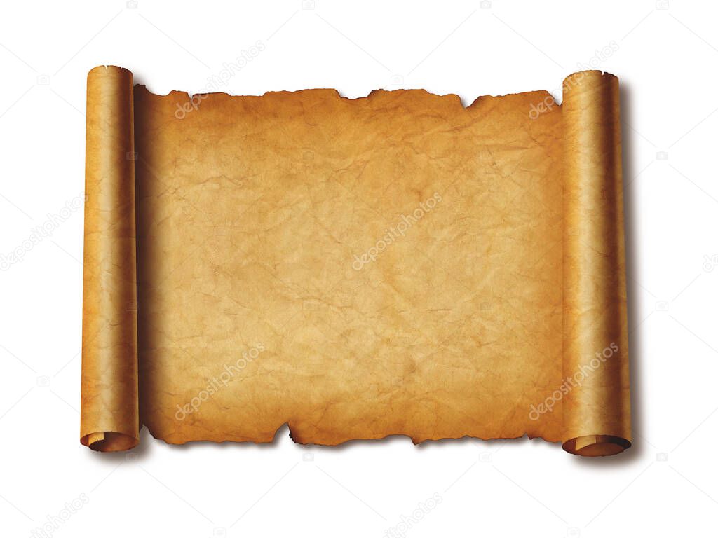 Old mediaeval paper sheet. Horizontal parchment scroll isolated on white background with shadow