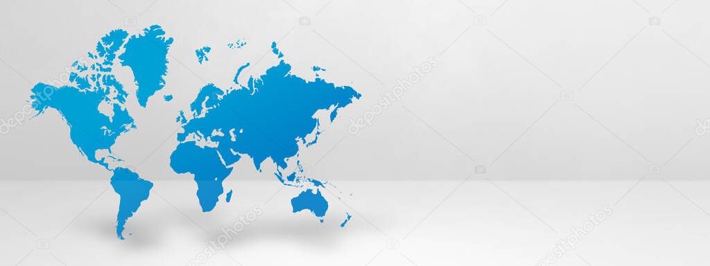Blue world map isolated on white wall background. 3D illustration. Horizontal banner