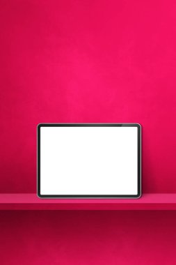 Pembe duvar rafında dijital tablet var. Dikey arkaplan pankartı. 3B Görüntü