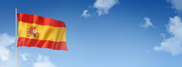 Spanien Flag Tredimensionel Gengivelse Isoleret Blå Himmel Vandret Banner Illustration - Stock-foto