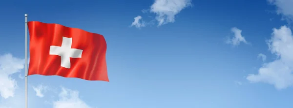 Флаг Швейцарии Трехмерное Изображение Изолированное Голубом Небе Горизонтальное Знамя Иллюстрация — стоковое фото