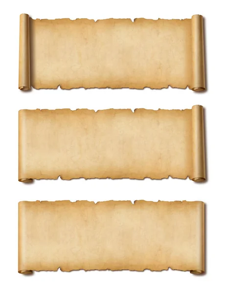 Velho Pergaminho Papel Pergaminho Isolado Branco Com Sombra Conjunto Banners — Fotografia de Stock