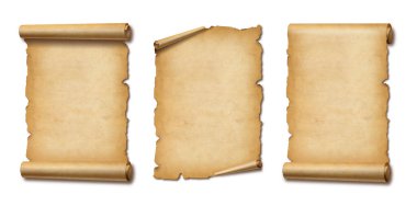 Eski parşömen kağıdı gölgeli beyaz üzerine izole edilmiş. Dikey pankartlar ayarlandı