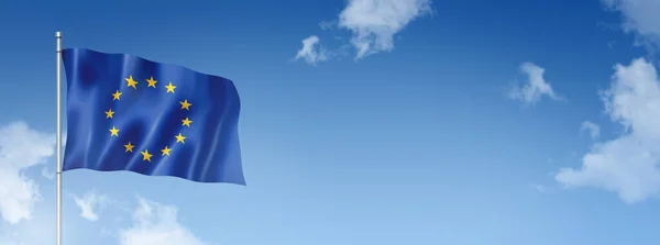 Bandera Unión Europea Representación Tridimensional Aislada Cielo Azul Banner Horizontal —  Fotos de Stock