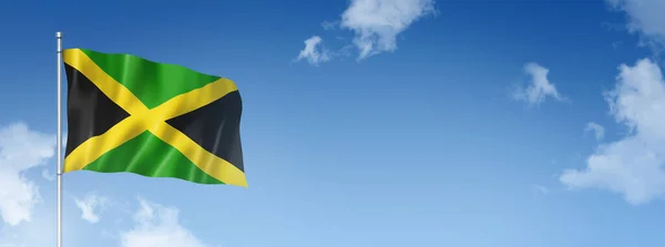 Jamajská Vlajka Trojrozměrná Izolovaná Modré Obloze Vodorovný Prapor Ilustrace — Stock fotografie