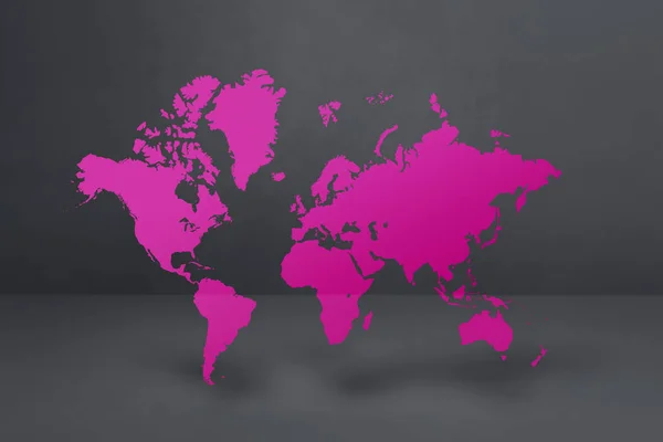Mappa Del Mondo Viola Isolato Sfondo Muro Cemento Nero Illustrazione — Foto Stock