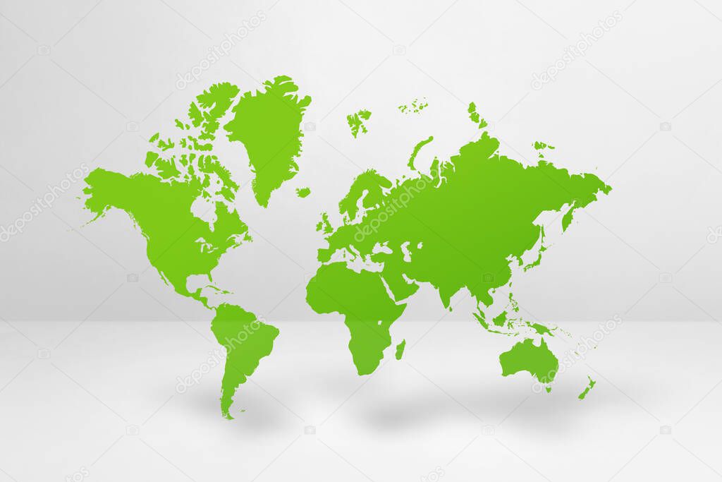 Green world map isolated on white wall background. 3D illustration