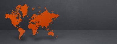 Turuncu dünya haritası siyah beton duvar arka planında izole edilmiş. Üç boyutlu illüstrasyon. Yatay Pankart