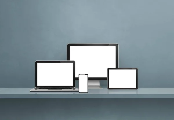 Computer Laptop Mobile Phone Digital Tablet Grey Wall Shelf Banner — Stock Photo, Image
