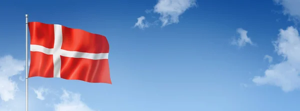 Dánia Zászlaja Háromdimenziós Renderelés Elszigetelve Kék Égen Vízszintes Transzparens Illusztráció — Stock Fotó