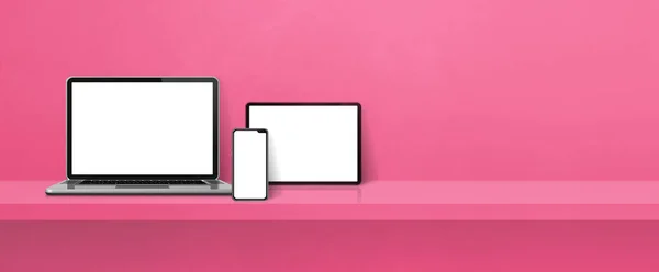 Laptop Telefon Komórkowy Tablet Cyfrowy Różowej Półce Ściennej Baner Tle — Zdjęcie stockowe