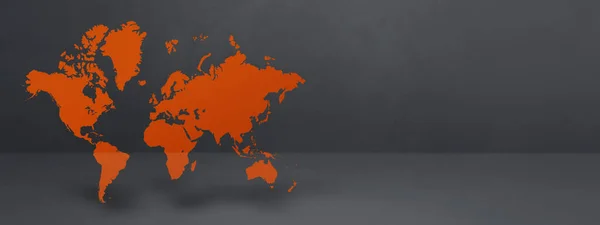 橙色世界地图孤立在黑色混凝土墙的背景下 3D插图 横向横幅 — 图库照片