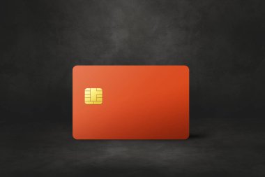 Siyah beton arka planda turuncu kredi kartı şablonu. 3B illüstrasyon