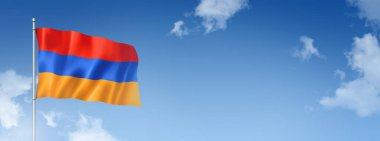 Ermenistan bayrağı, üç boyutlu, mavi gökyüzünde izole edilmiş. Yatay pankart. 3B illüstrasyon