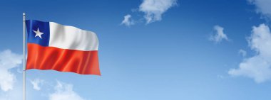 Şili bayrağı, üç boyutlu, mavi gökyüzünde izole edilmiş. Yatay pankart. 3B illüstrasyon