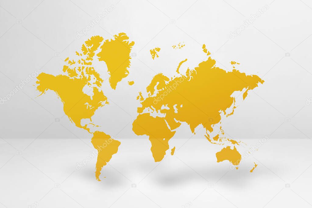 Yellow world map isolated on white wall background. 3D illustration