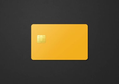 Sarı kredi kartı şablonu siyah arka planda izole edilmiş. 3B illüstrasyon