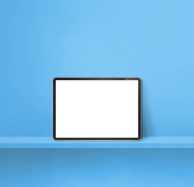 Mavi duvar rafında dijital tablet var. Kare arka plan afişi. 3B Görüntü