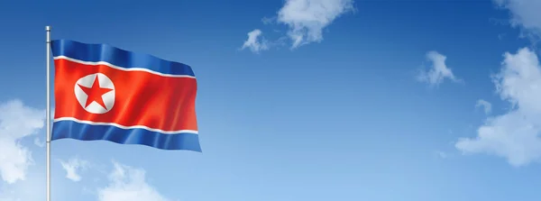 Nordkoreanische Flagge Dreidimensionales Rendering Isoliert Blauen Himmel Horizontale Fahne Illustration — Stockfoto