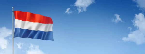 Bandera Holandesa Representación Tridimensional Aislada Cielo Azul Banner Horizontal Ilustración —  Fotos de Stock