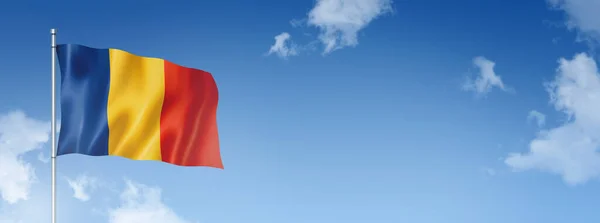 Флаг Румынии Трехмерное Изображение Изолированное Голубом Небе Горизонтальное Знамя Иллюстрация — стоковое фото