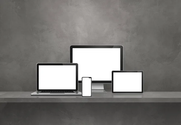 Computer Laptop Mobile Phone Digital Tablet Grey Wall Shelf Banner — Stock Photo, Image