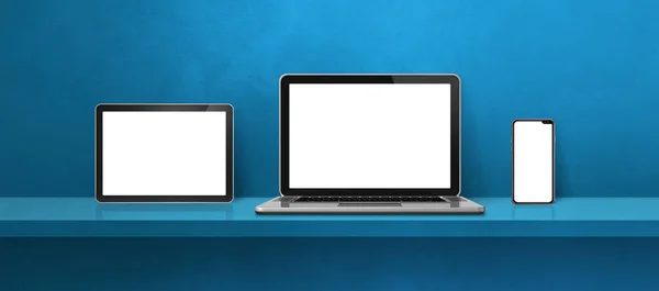 Laptop Handy Und Digitaler Tablet Blauen Wandregal Banner Hintergrund Illustration — Stockfoto
