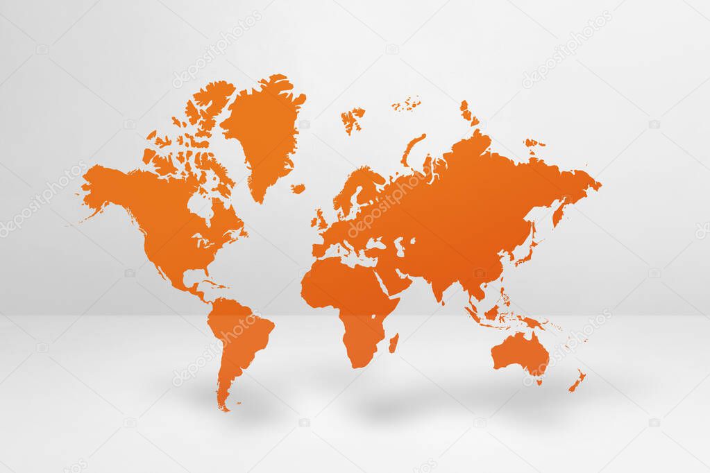 Orange world map isolated on white wall background. 3D illustration