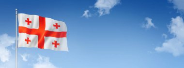 Georgia bayrağı, üç boyutlu, mavi gökyüzünde izole edilmiş. Yatay pankart. 3B illüstrasyon