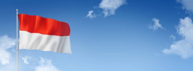 Endonezya bayrağı, üç boyutlu, mavi gökyüzünde izole edilmiş. Yatay pankart. 3B illüstrasyon