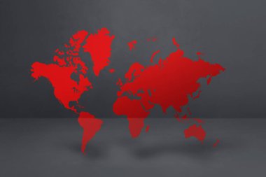 Kırmızı dünya haritası siyah beton duvar arka planında izole edilmiş. 3B illüstrasyon