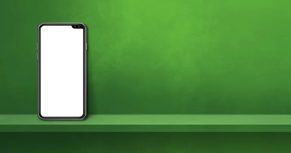 Мобильный Телефон Полке Зеленой Стены Горизонтальный Фоновый Баннер Моделирование — стоковое фото