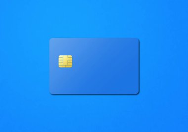 Mavi kredi kartı şablonu bir renk arkaplanında izole edilmiş. 3B illüstrasyon