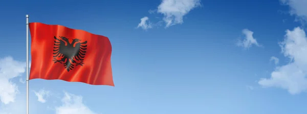 Bandera Albania Representación Tridimensional Aislada Cielo Azul Banner Horizontal Ilustración —  Fotos de Stock