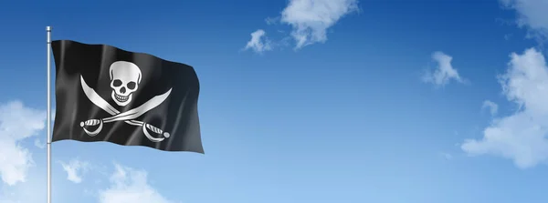 Piratflagga Jolly Roger Tredimensionell Återgivning Isolerad Blå Himmel Horisontell Banderoll — Stockfoto