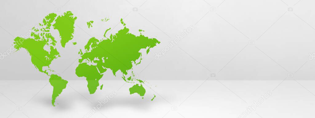 Green world map isolated on white wall background. 3D illustration. Horizontal banner