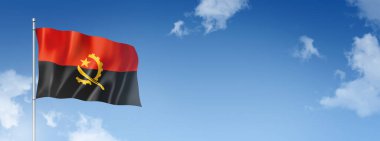 Angola bayrağı, üç boyutlu, mavi gökyüzünde izole edilmiş. Yatay pankart. 3B illüstrasyon