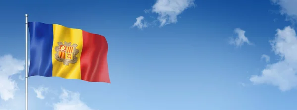 Прапор Андорри Тривимірний Рендеринг Ізольований Синьому Небі Горизонтальний Прапор Ілюстрація — стокове фото