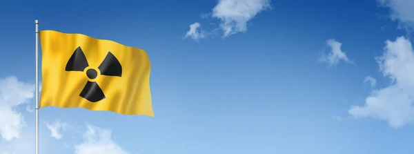 Ραδιενεργή Σημαία Πυρηνικού Συμβόλου Τρισδιάστατη Απόδοση Απομονωμένη Γαλάζιο Ουρανό Οριζόντια — Φωτογραφία Αρχείου
