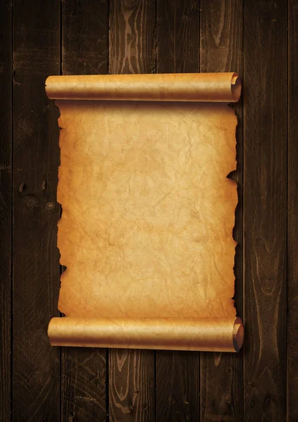 Old Mediaeval Paper Sheet Parchment Scroll Isolated Wood Board Background — Stock Photo, Image