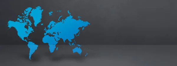 Blaue Weltkarte Isoliert Auf Schwarzem Betonwandhintergrund Illustration Horizontales Banner — Stockfoto