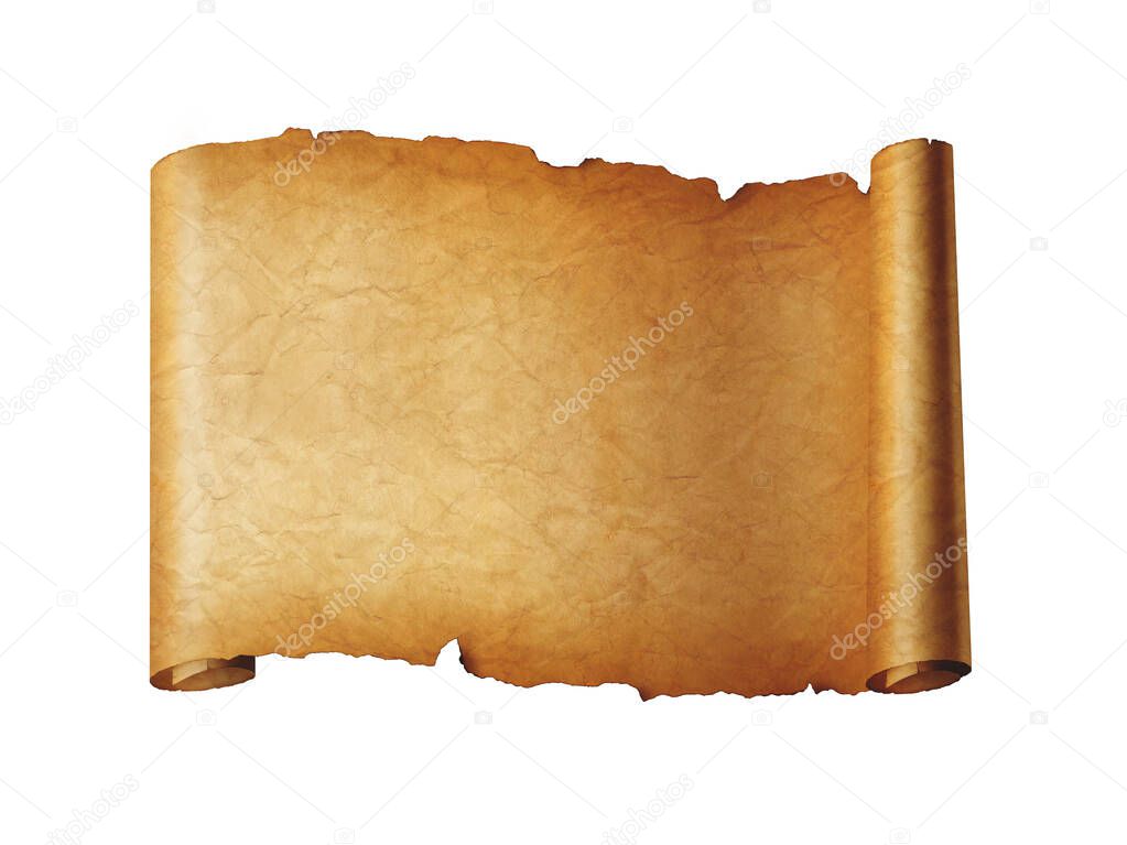 Old mediaeval paper sheet. Horizontal parchment scroll isolated on white background