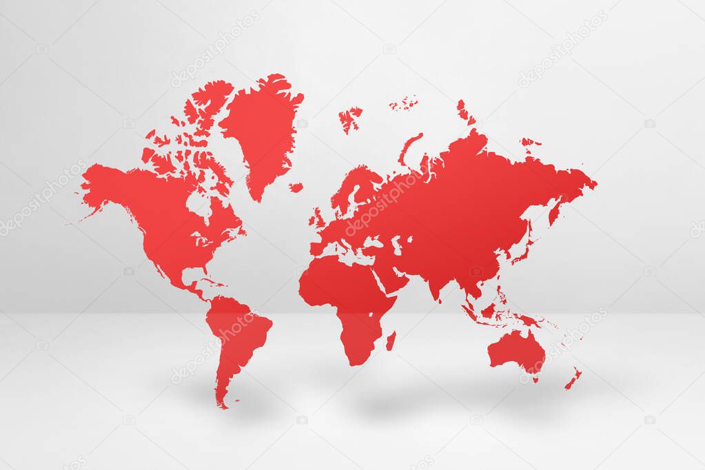 Red world map isolated on white wall background. 3D illustration