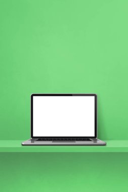 Laptop bilgisayarı yeşil rafta. Dikey arkaplan. 3B Görüntü