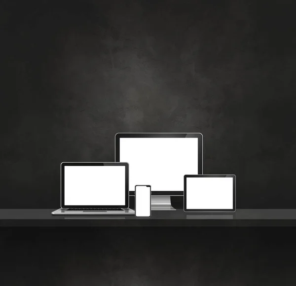 Komputer Laptop Telefon Komórkowy Tablet Cyfrowy Black Wall Shelf Background — Zdjęcie stockowe