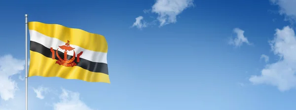 Brunei Lippu Kolmiulotteinen Renderöinti Eristettynä Sinisellä Taivaalla Vaakasuora Lippu Kuva — kuvapankkivalokuva