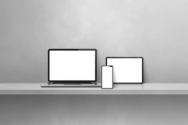 笔记本电脑 手机和数码平板电脑放在灰色的壁架上 横向背景 3D说明 — 图库照片