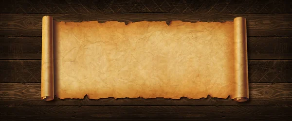 Old Paper Horizontal Banner Parchment Scroll Wood Board Background — Stockfoto